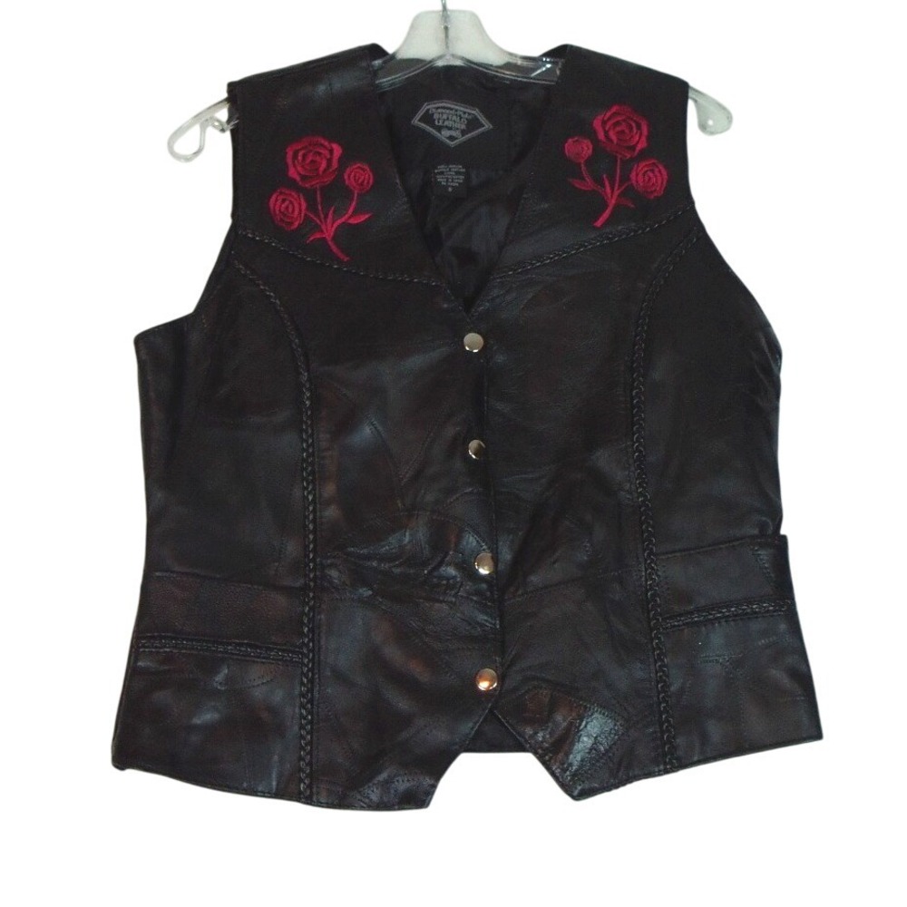 Diamond Plate Buffalo Leather Women's 100% Leather Vest Rose Embroidered Sz.‎ S